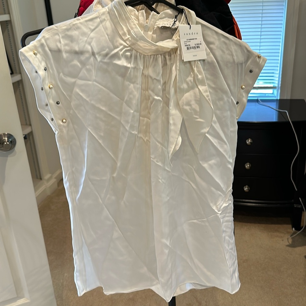 Sandro Ivory Silk Blouse with Embellishments, NWT, Size Small